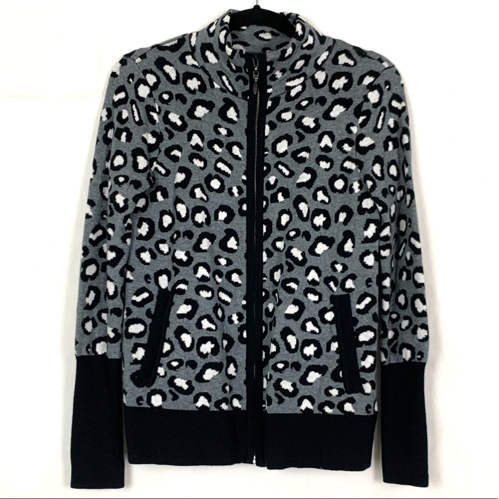 Rachel Zoe Gray Black White Leopard Full Zip Sweater XS